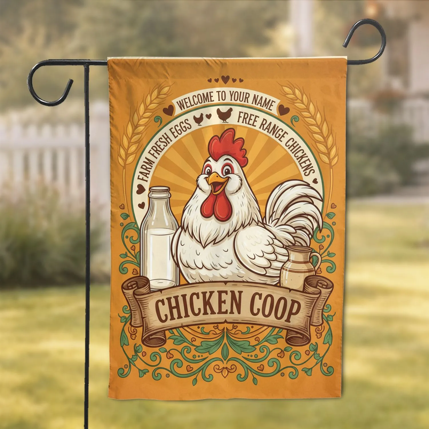 Custom Name Plump White Rooster Chicken Coop Farm Fresh Eggs - Farmhouse Decor Chicken Lover Gift Garden Flag - 1
