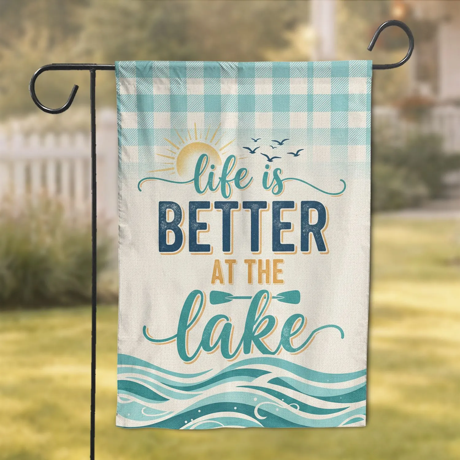 Life Better at the Lake Text Sun Birds Oar - Rustic Home Decor Gift for Lake Lovers Garden Flag - 1