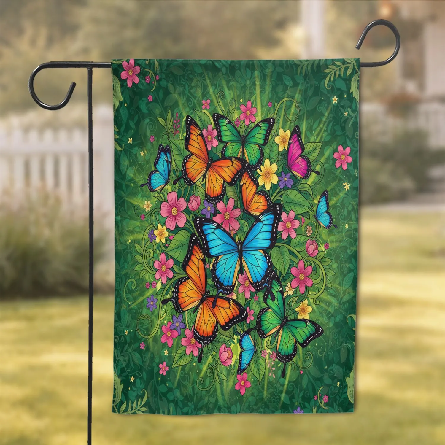Butterflies Blooming Flowers Lush Foliage - Home Decor Gift for Butterfly Lover Garden Flag - 1