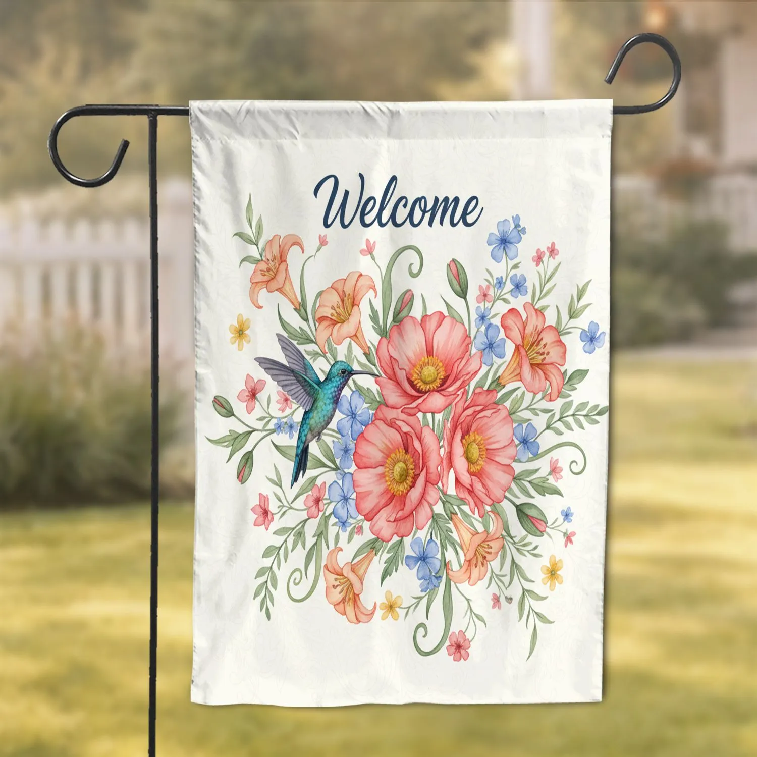 Welcome Hummingbird Poppy Lily Floral - Garden Home Decor Garden Flag - 1