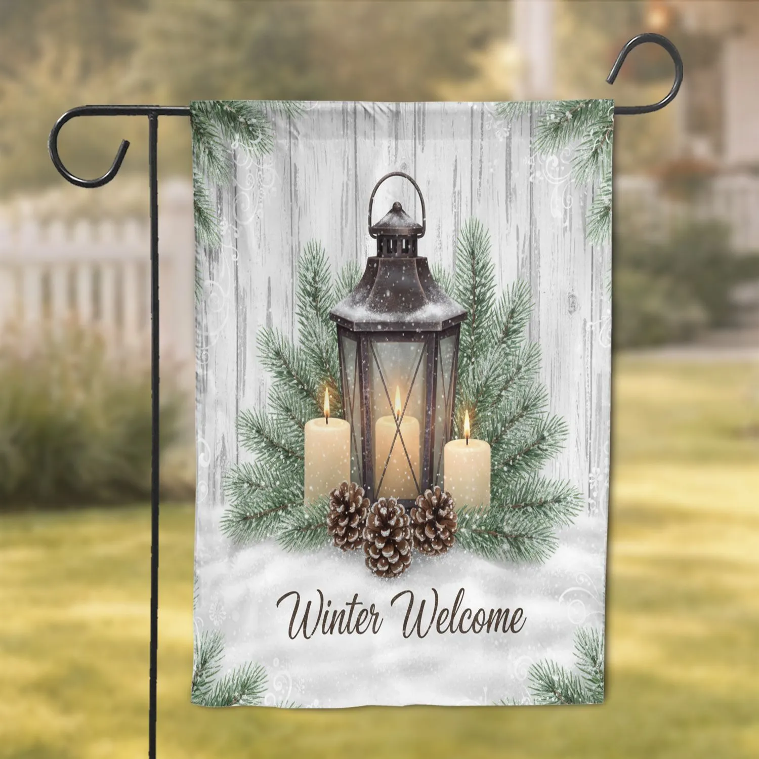 Snowy Winter Welcome Lantern Candles Pine Cones - Seasonal Holiday Home Decor Gift Garden Flag - 1