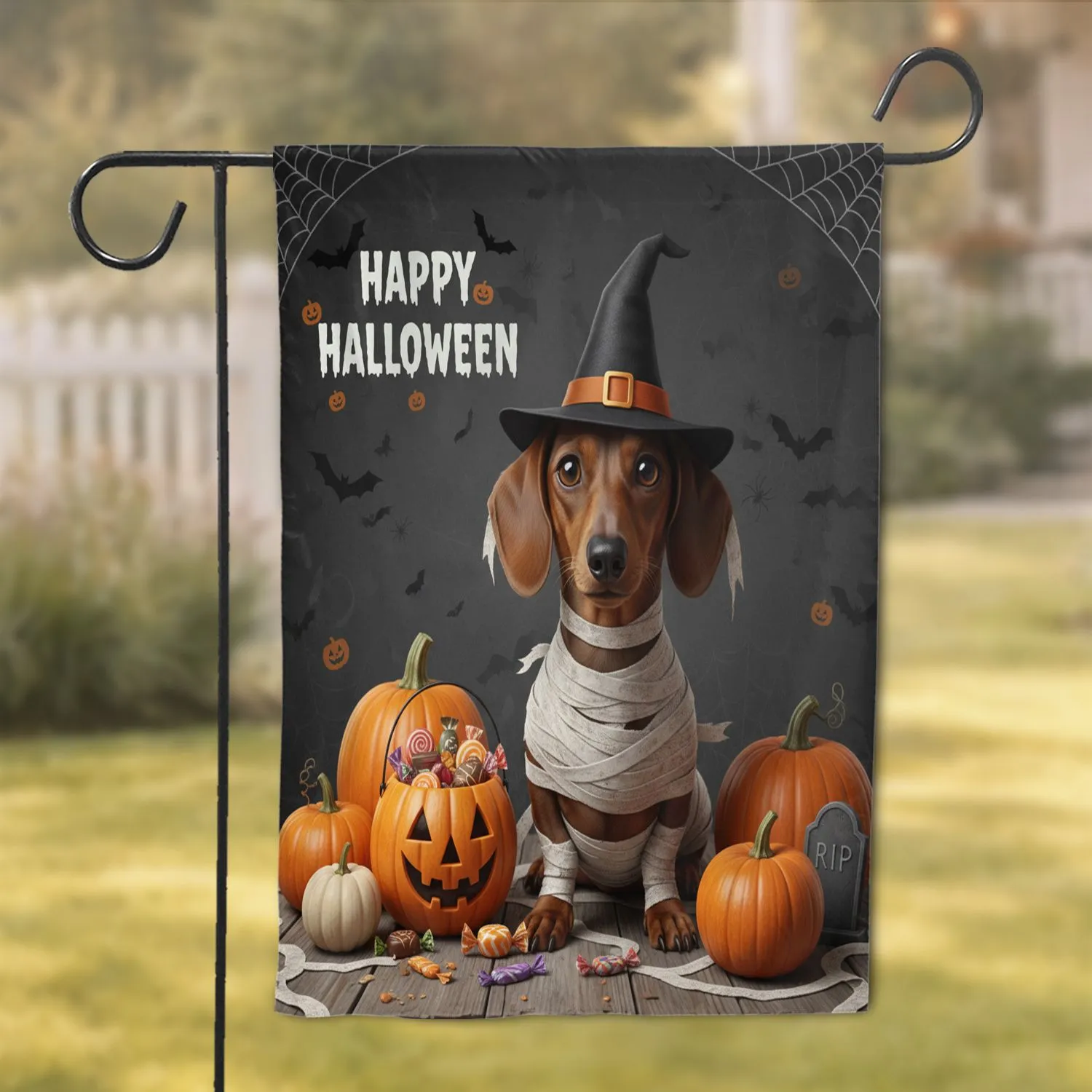 Dachshund Mummy Witch Hat Halloween Pumpkins Decor Garden Flag - 1