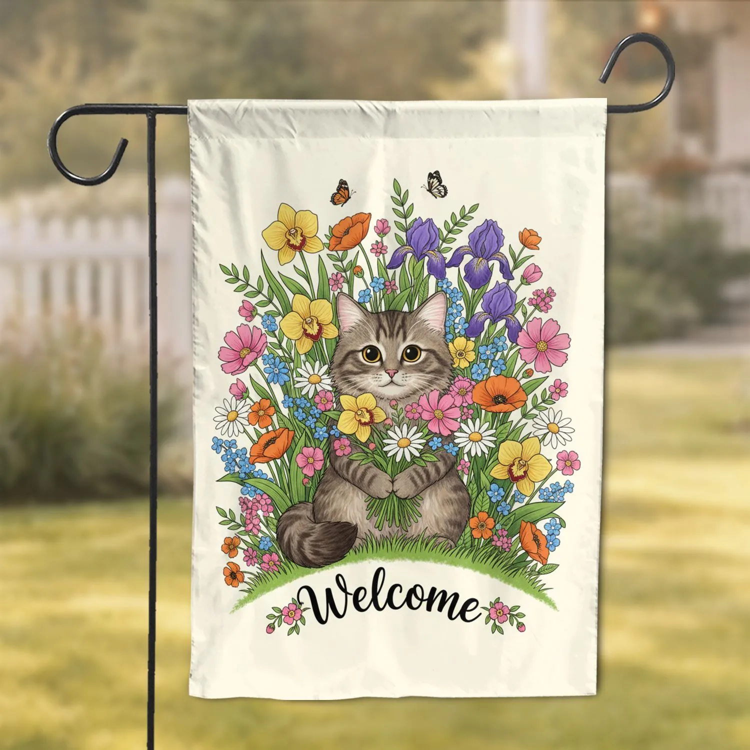 Fluffy Tabby Cat Wildflower Welcome - Garden Decor Gift for Cat Lover Garden Flag - 1
