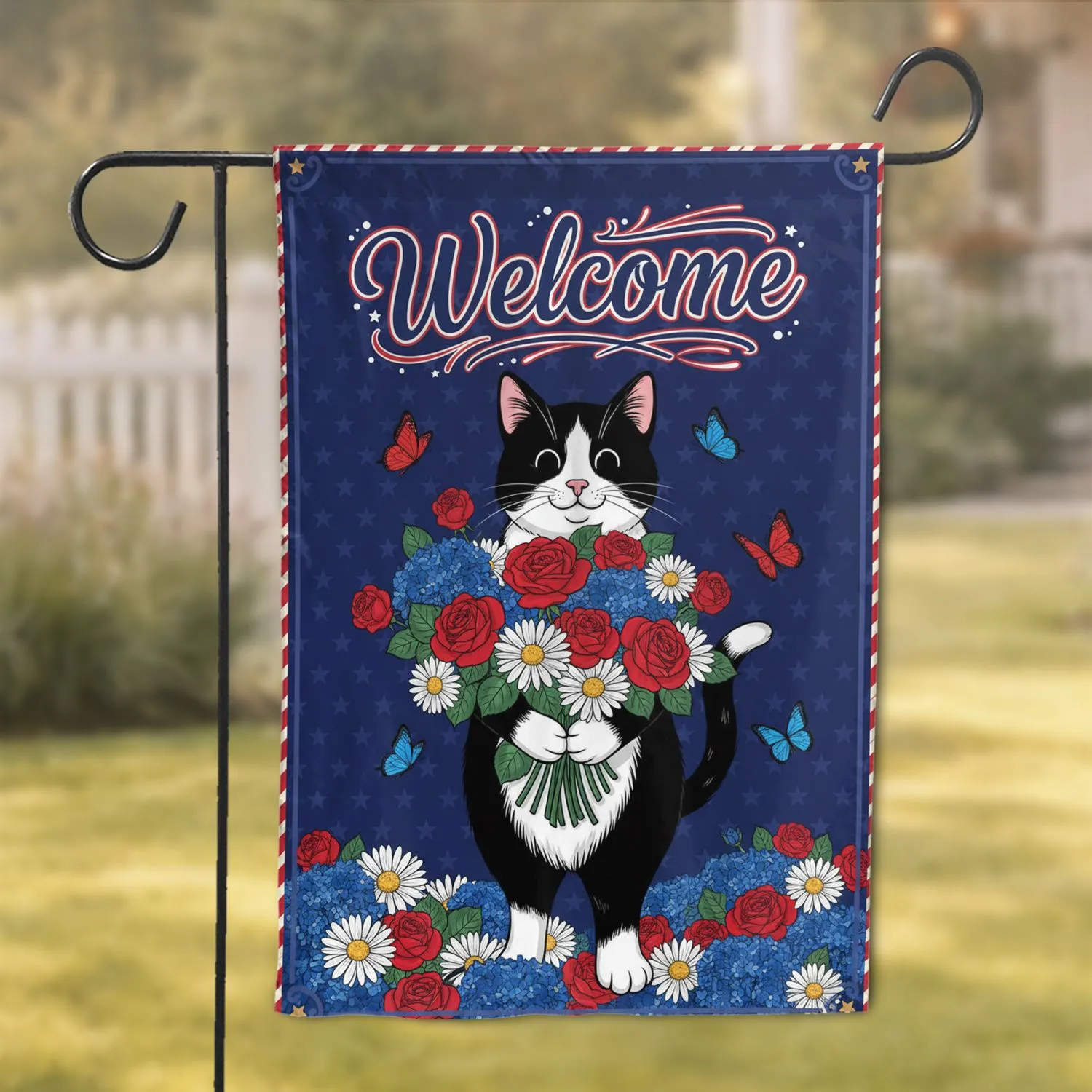 Black Tuxedo Cat Welcome Daisies Butterflies Leaves - Everyday Home Decor Gift for Cat Lovers Garden Flag - 1
