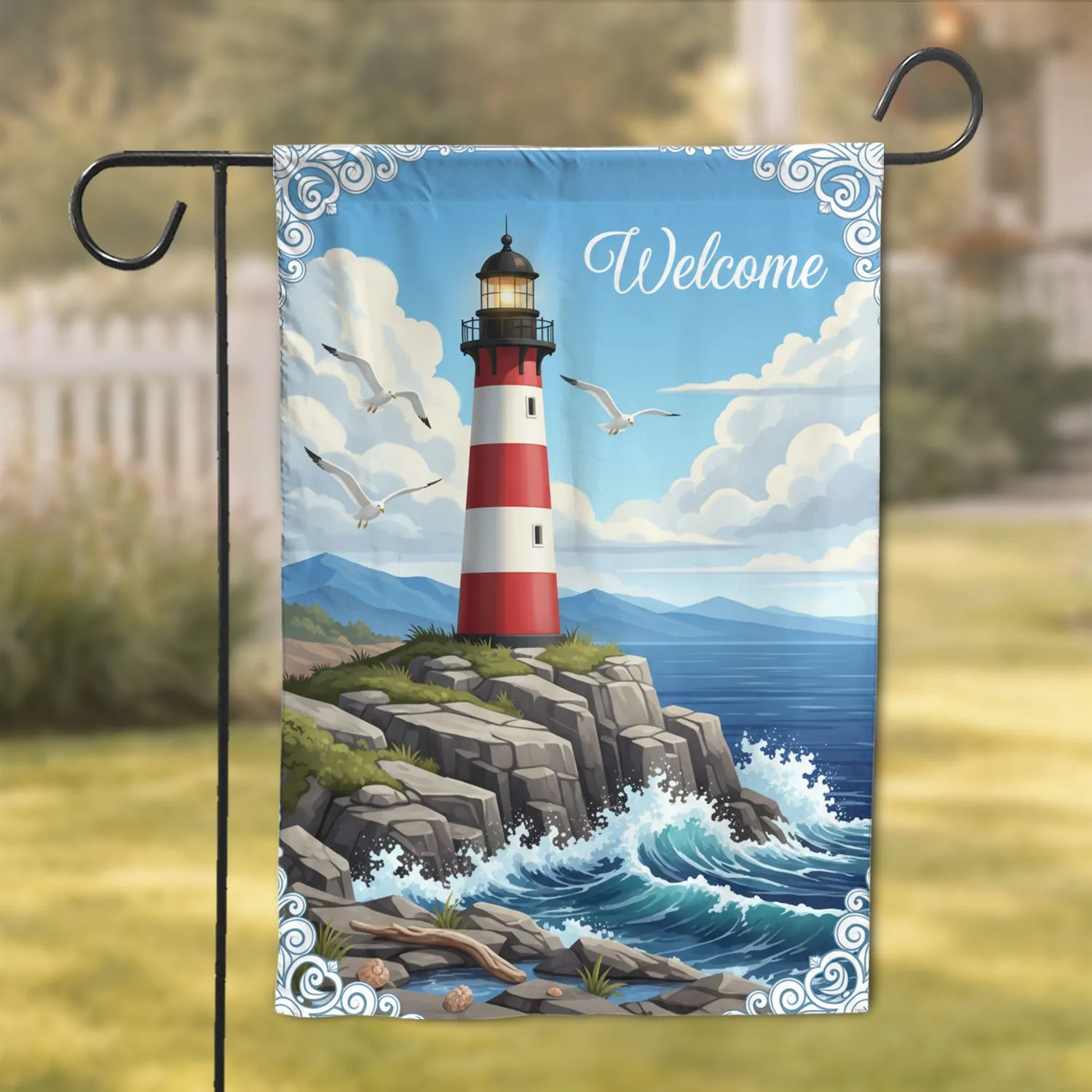 Red White Lighthouse Welcome Ocean Waves Rocky Coast - Nautical Home Decor Gift for Coastal Lovers Garden Flag - 1