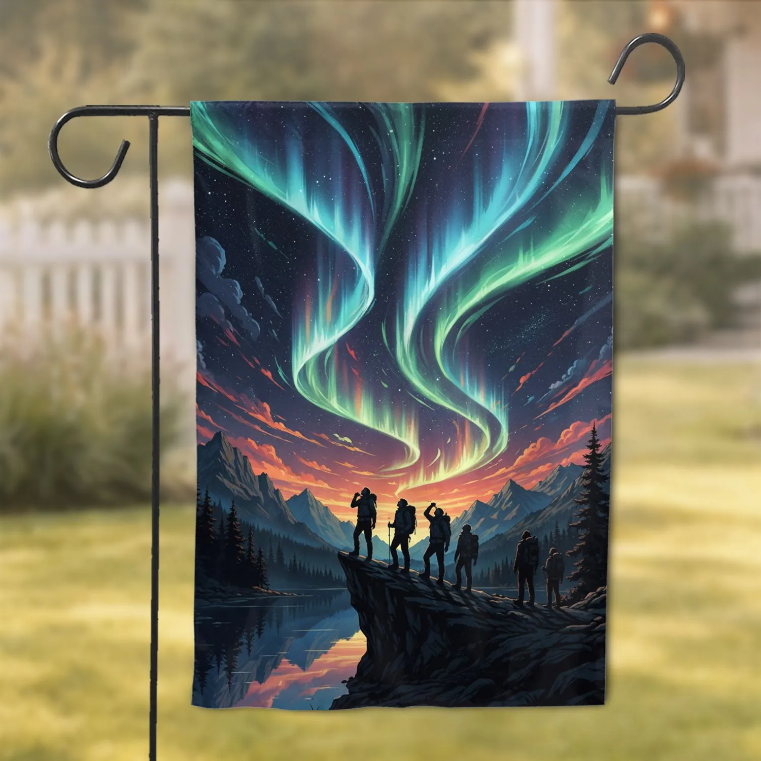 Northern Lights Mountain Adventurers Night Sky - Home Decor Gift for Adventure Lover Garden Flag - 1