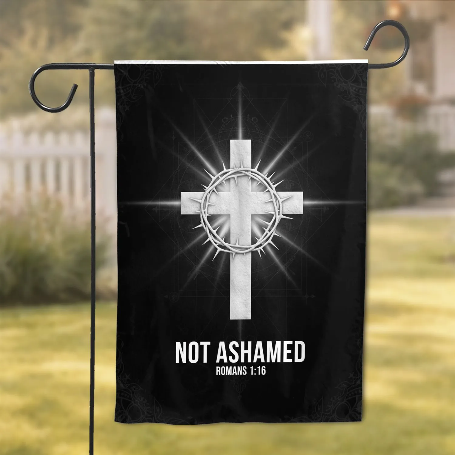 Latin Cross Crown Thorns Not Ashamed Romans 1:16 - Christian Faith Home Decor Gift Garden Flag - 1