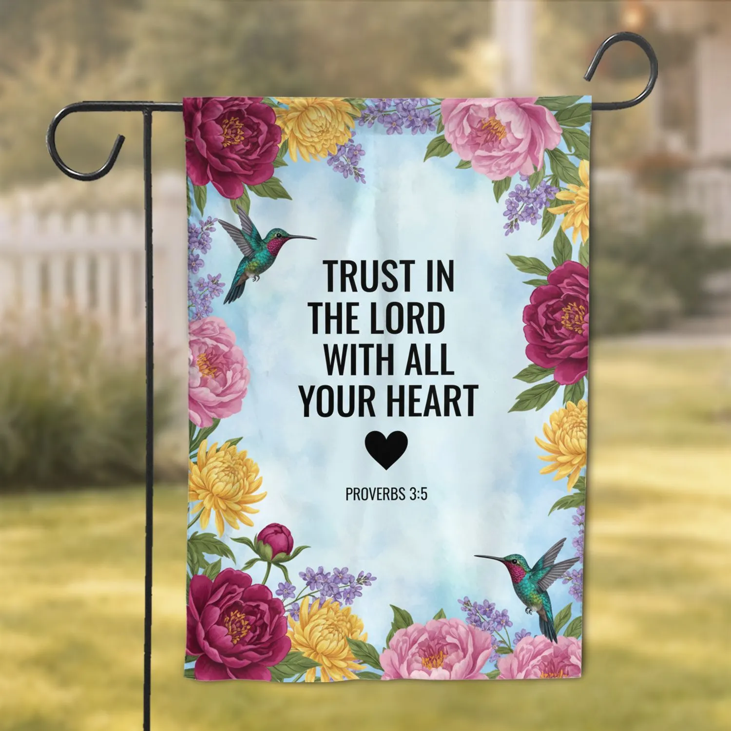 Trust in the Lord Proverbs 3:5 Peony Hummingbird - Christian Home Decor Gift Garden Flag - 1