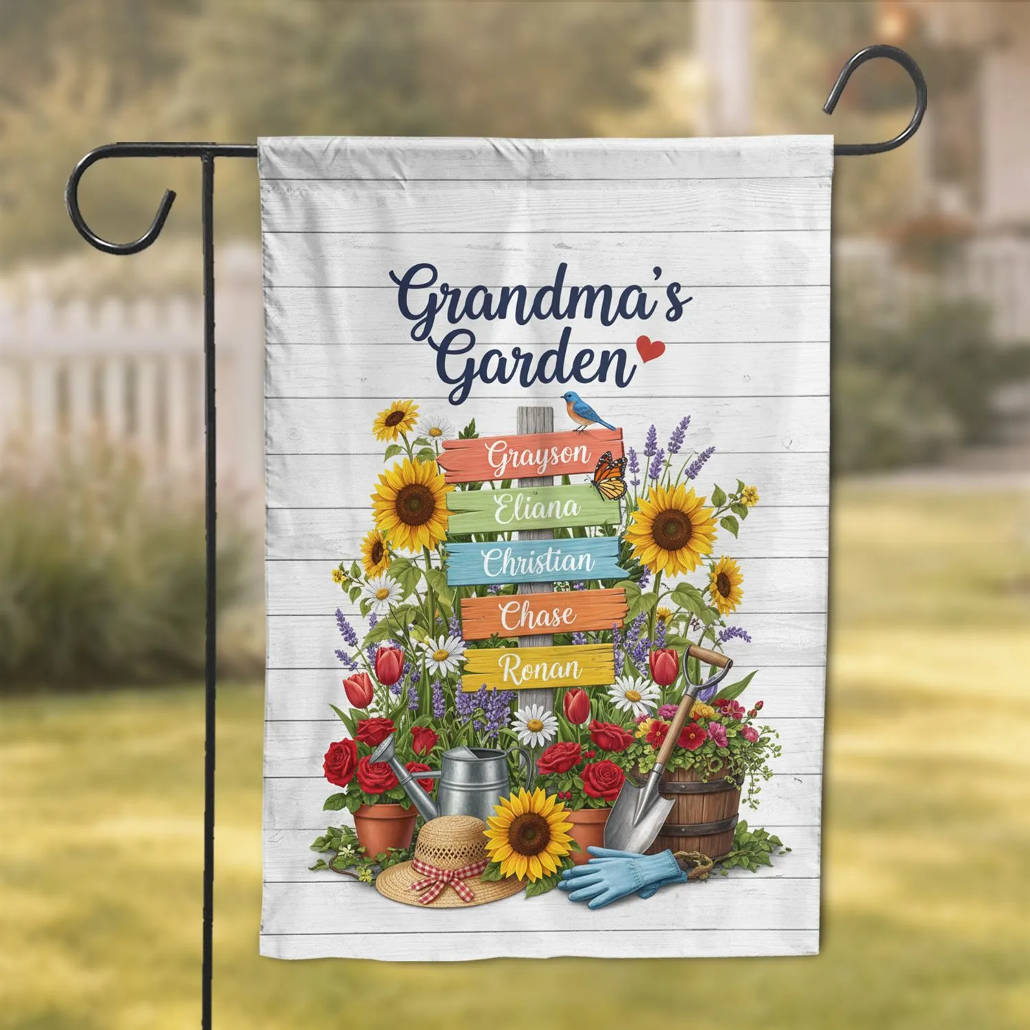 Custom Grandma's Garden Floral Signpost with Children's Names - Mother's Day Home Decor Gift Garden Flag - 1