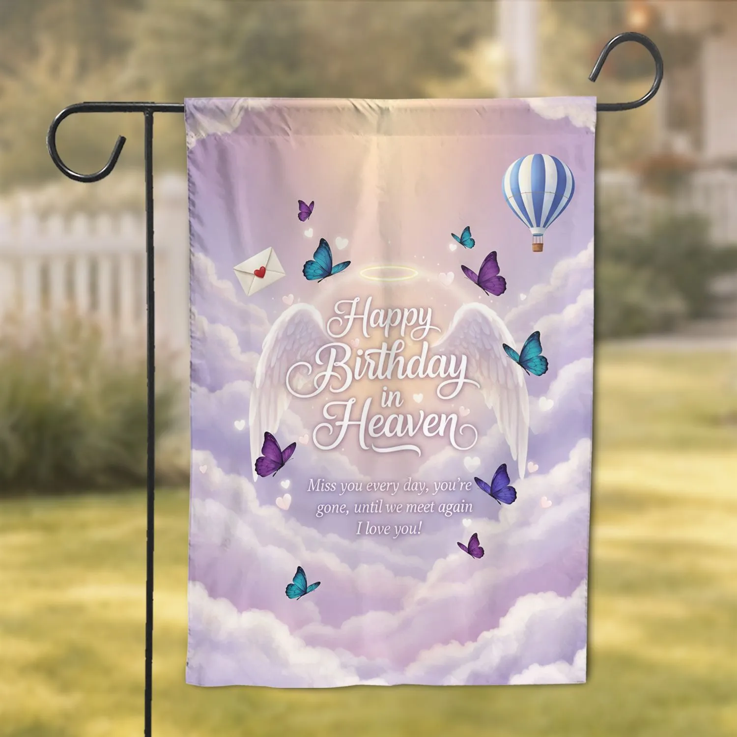 Happy Birthday in Heaven Angel Wings Hearts - Memorial Remembrance Gift for Loved One Garden Flag - 1