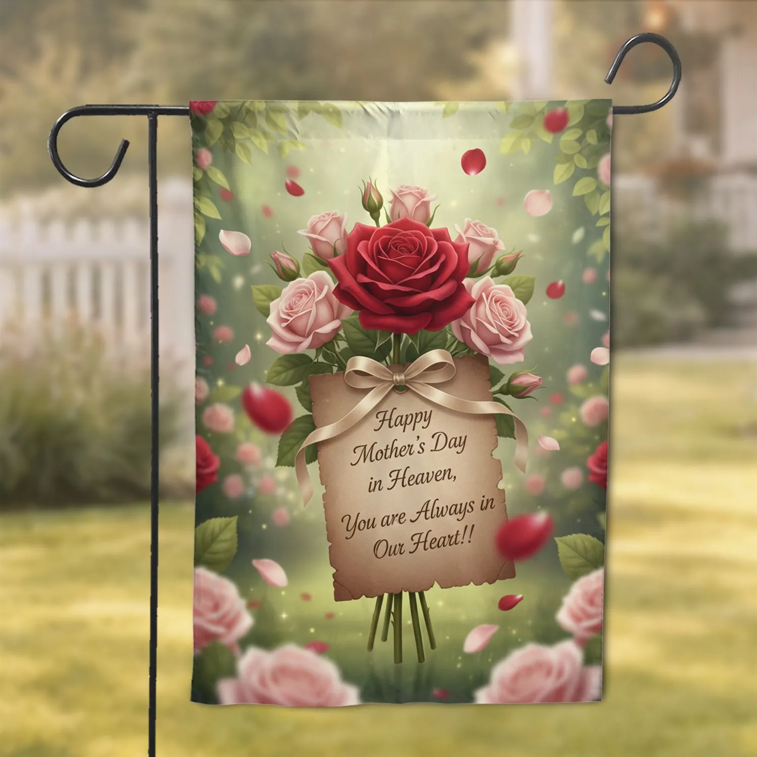 Red Pink Roses Bouquet 'Always in Our Heart' Mother's Day in Heaven Gift Garden Flag - 1