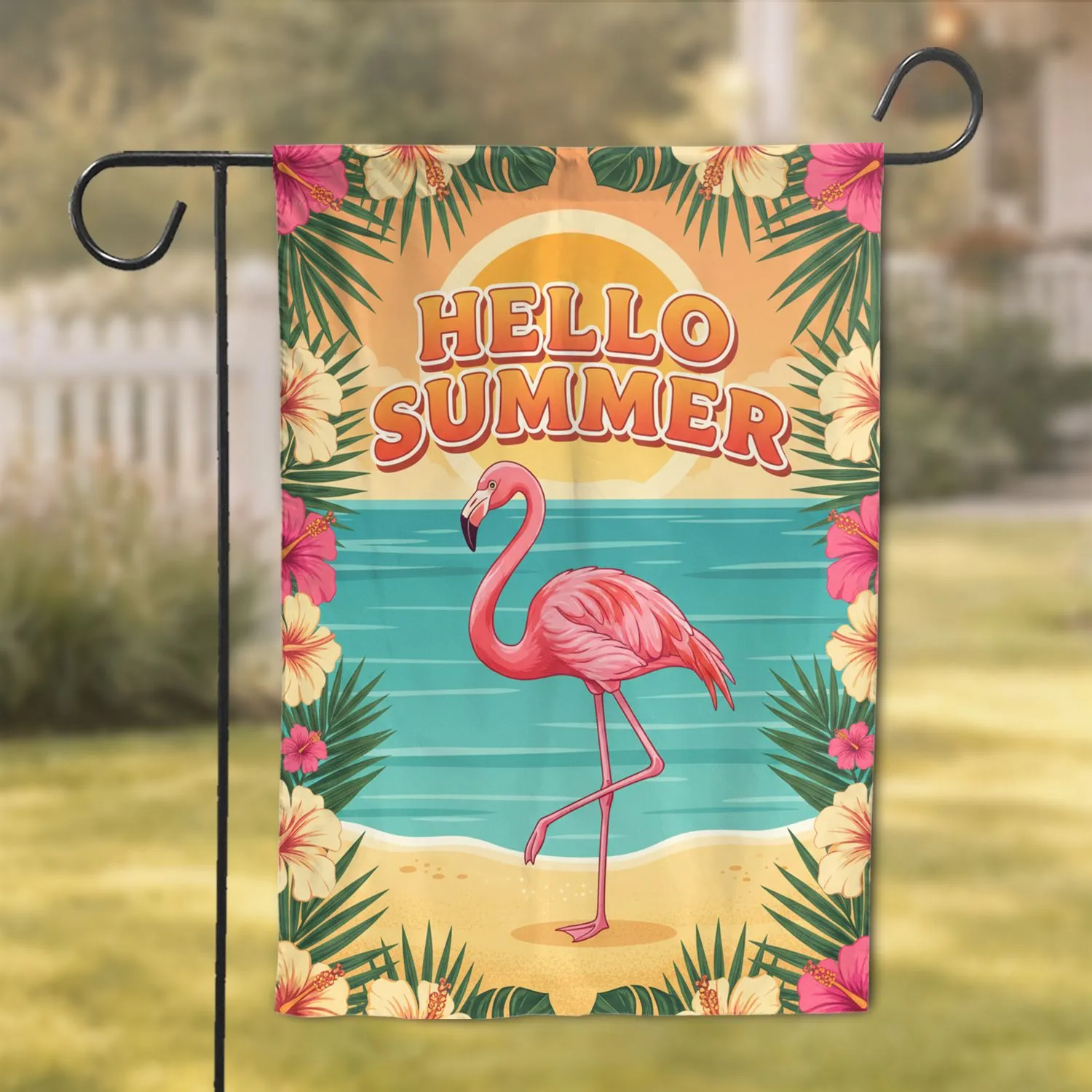 Pink Flamingo Hello Summer Tropical Hibiscus Beach - Summer Vacation Home Decor Garden Flag - 1