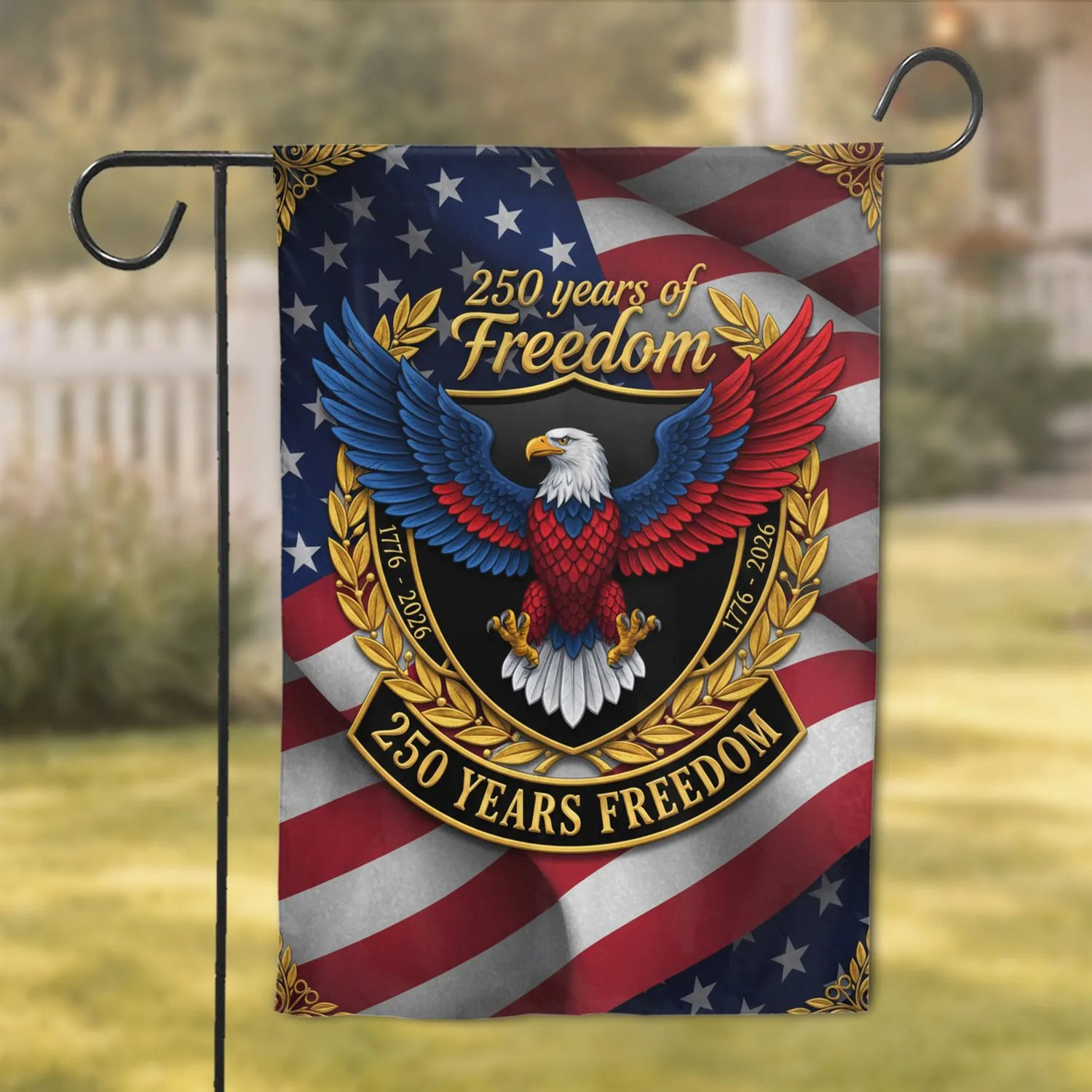 Bald Eagle American Flag Shield Laurel Wreath 1776-2026 - USA 250th Anniversary Garden Flag - 1