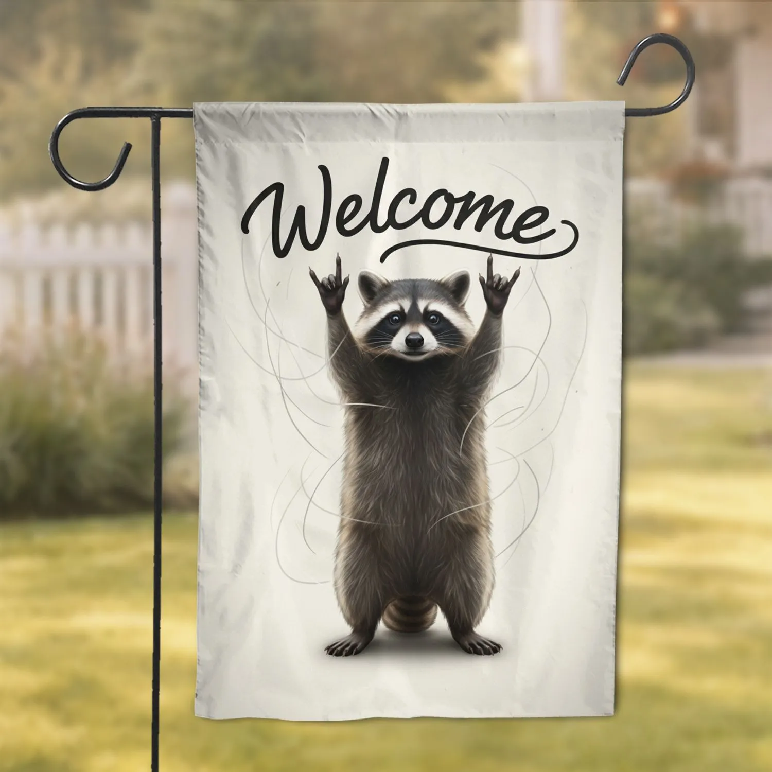 Upright Raccoon Rock On Gesture Welcome Message - A Home Decor Gift for Wildlife Lovers Garden Flag - 1