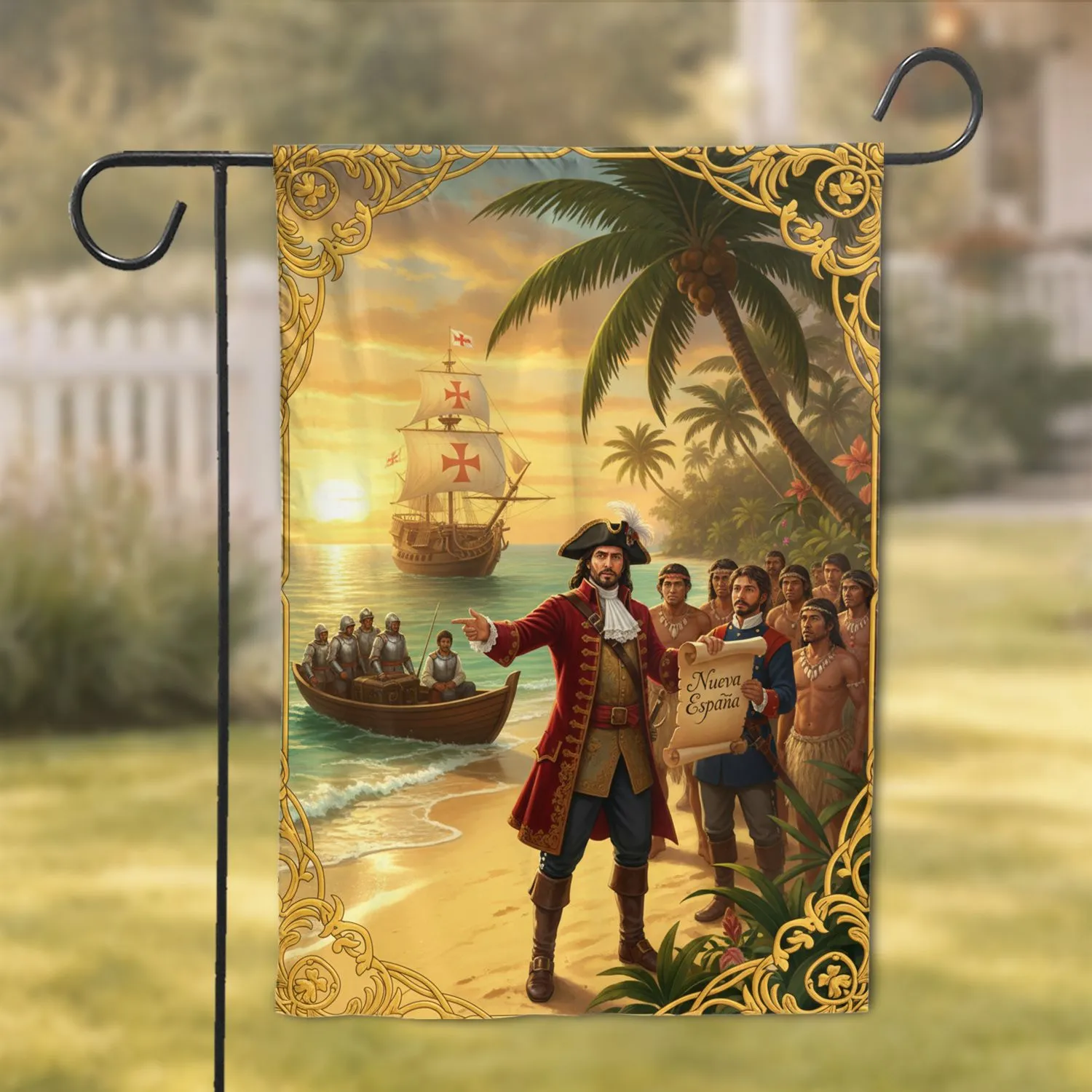 Spanish Explorer Nueva España Galleon Tropical Beach - History Lover Home Decor Gift Garden Flag - 1