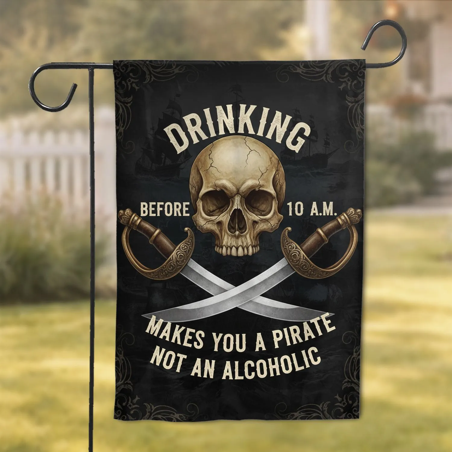 Pirate Skull Crossed Sabers Drinking Humor - Pirate Lover Gift Garden Flag - 1