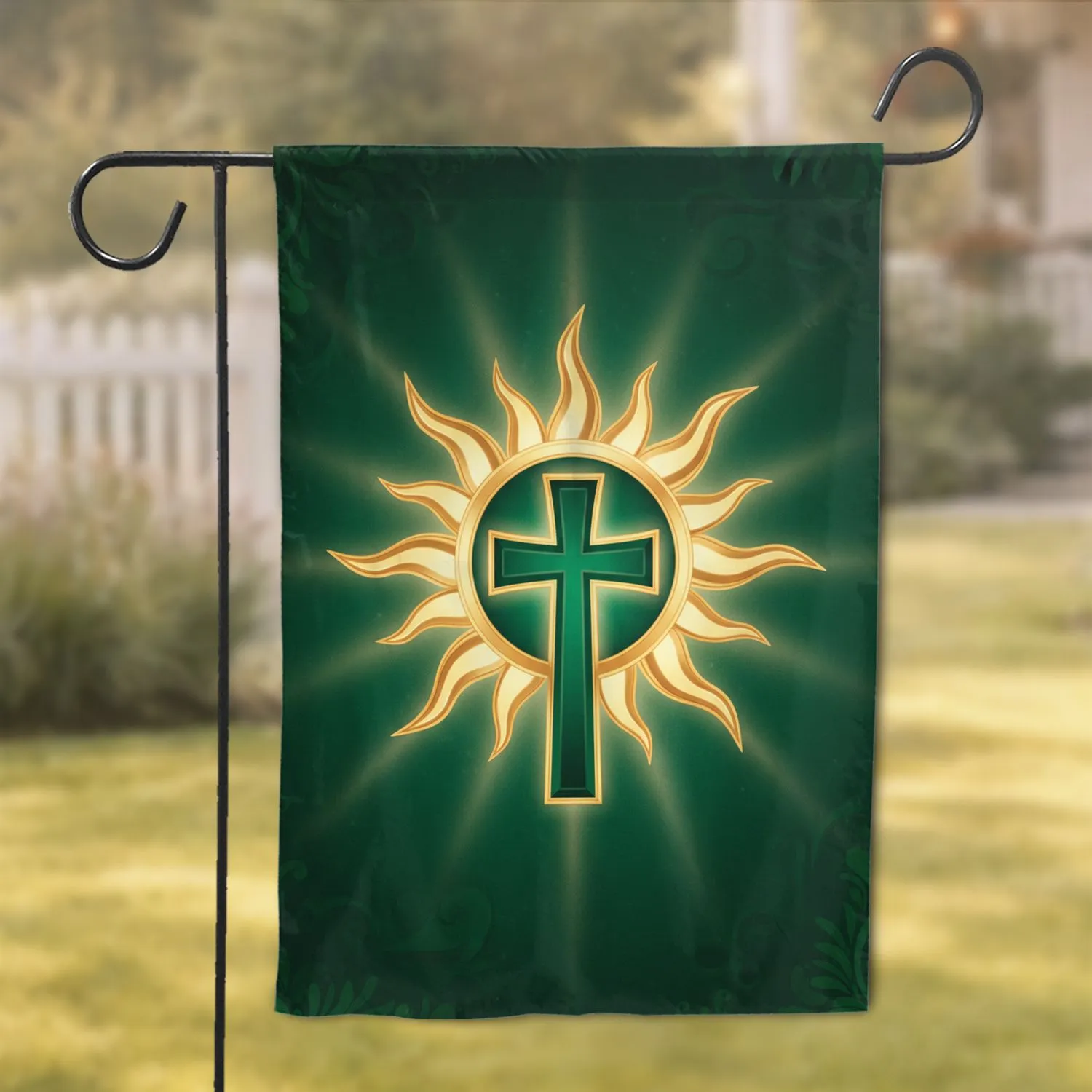 Prominent Golden Sunburst Emerald Cross Radiant Rays - Symbolic Home Decor Gift Garden Flag - 1