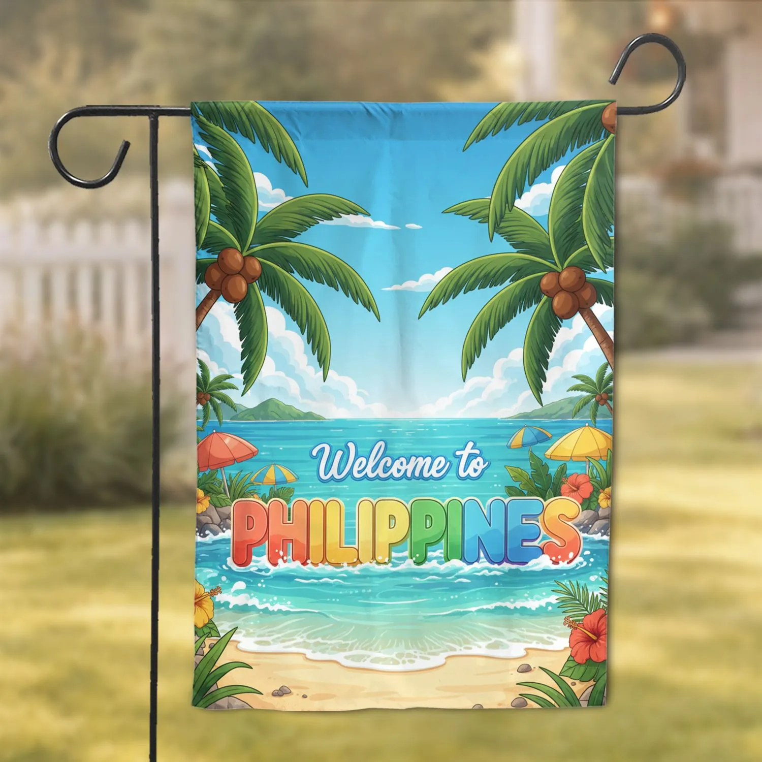 Philippines Welcome Tropical Beach Palm Trees Ocean - Home Decor Gift for Philippines Lover Garden Flag - 1