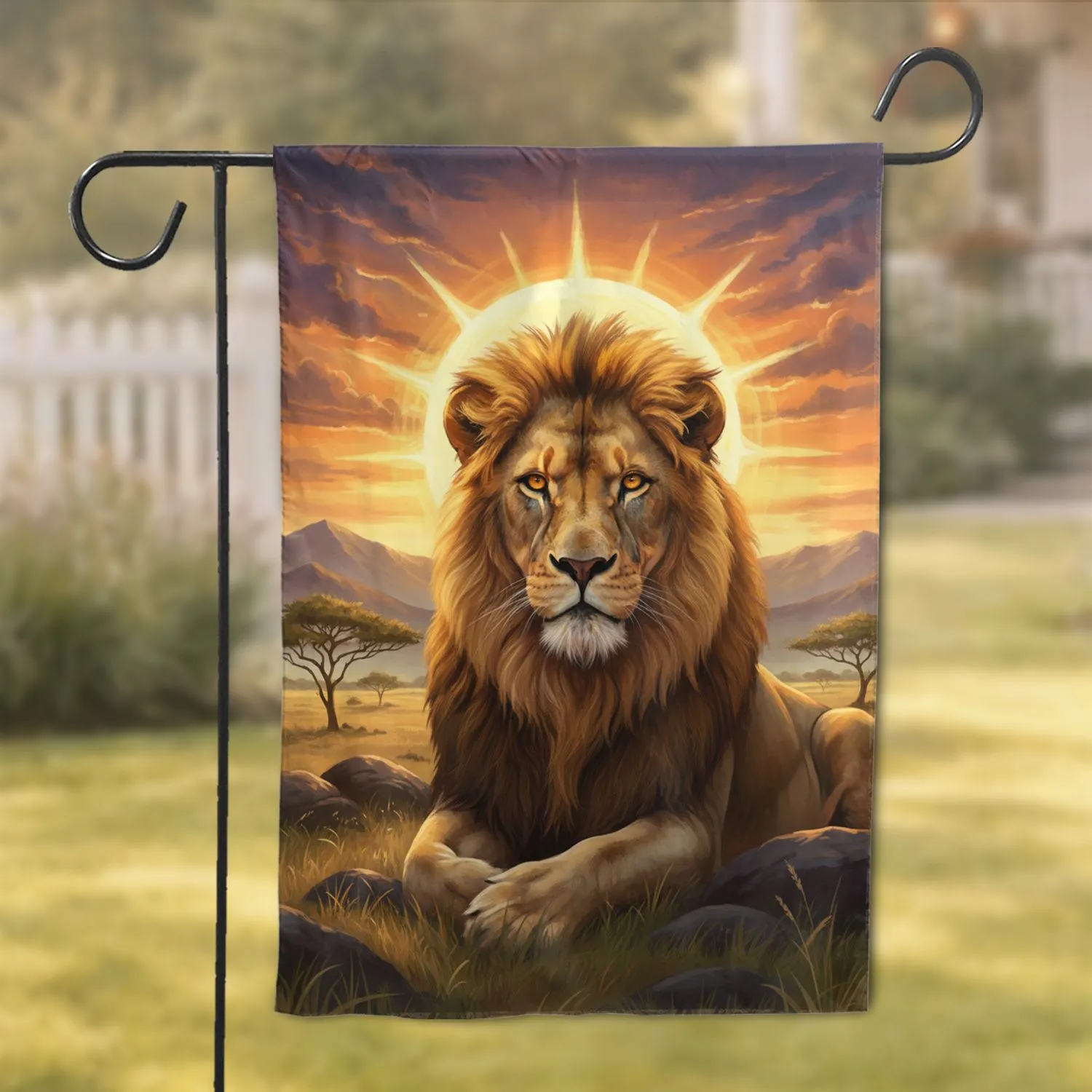 Majestic African Lion Radiant Sun Golden Savanna Dramatic Sunset Wildlife Lover Gift Garden Flag - 1