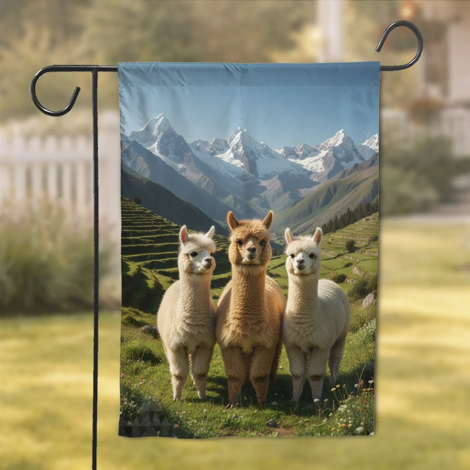 Three Alpacas Green Hillside Snow-Capped Peaks - Home Decor Gift for Wildlife Lover Garden Flag - 1