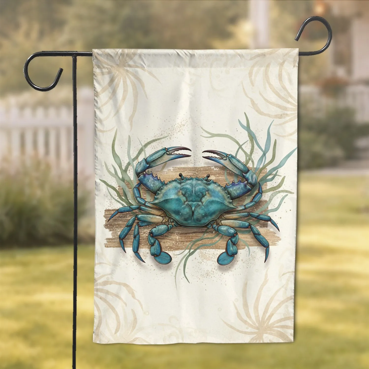 Blue Crab Seaweed Rustic Wood Grain Coastal Home Decor Gift Garden Flag - 1