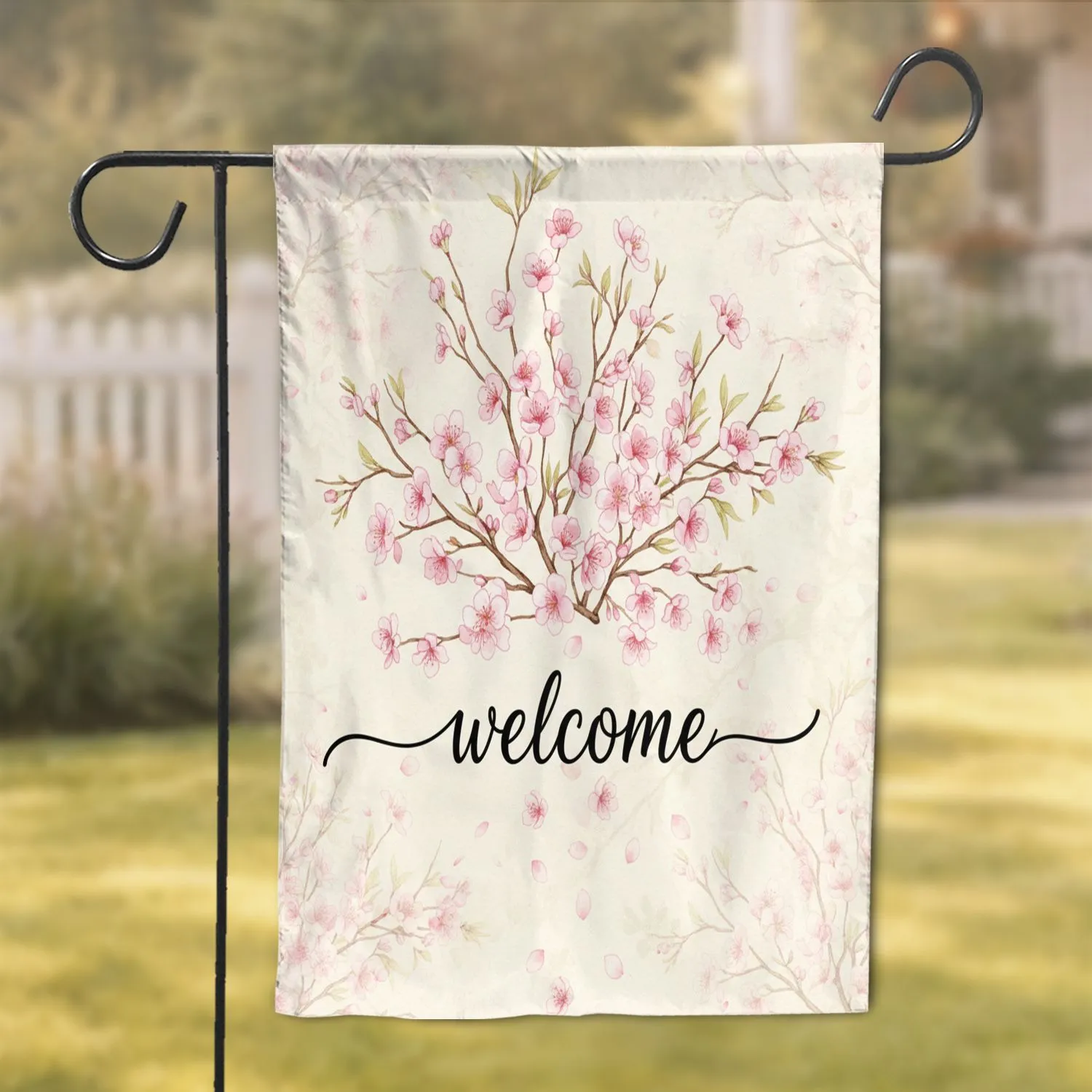 Calligraphy Welcome Script Cherry Blossom Floral Wreath - Everyday Home Decor Gift Garden Flag - 1