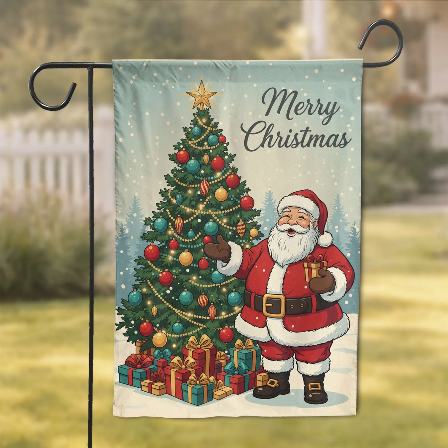 Santa Claus Christmas Tree Stacked Gifts - Merry Christmas Home Decor Garden Flag - 1