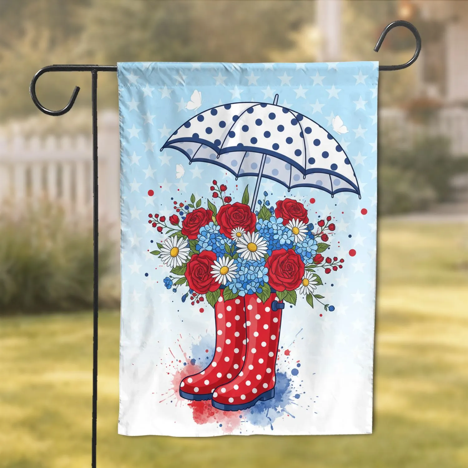 Pink Rain Boots Daisies Sunflowers Asters Umbrella Butterflies - Spring Decor Gift Garden Flag - 1