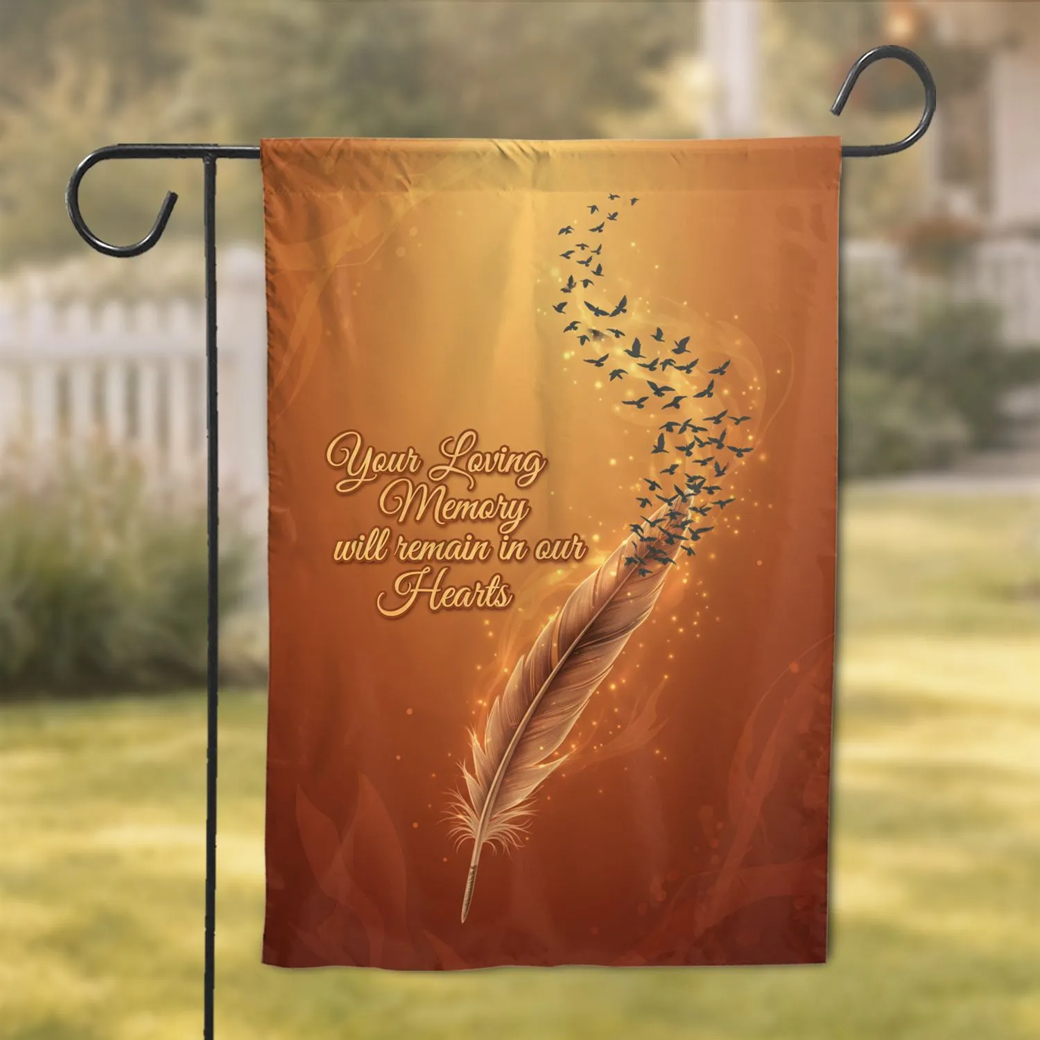 Loving Memory Script Feather Silhouette Birds Wisps Light Rays Remembrance Gift Garden Flag - 1