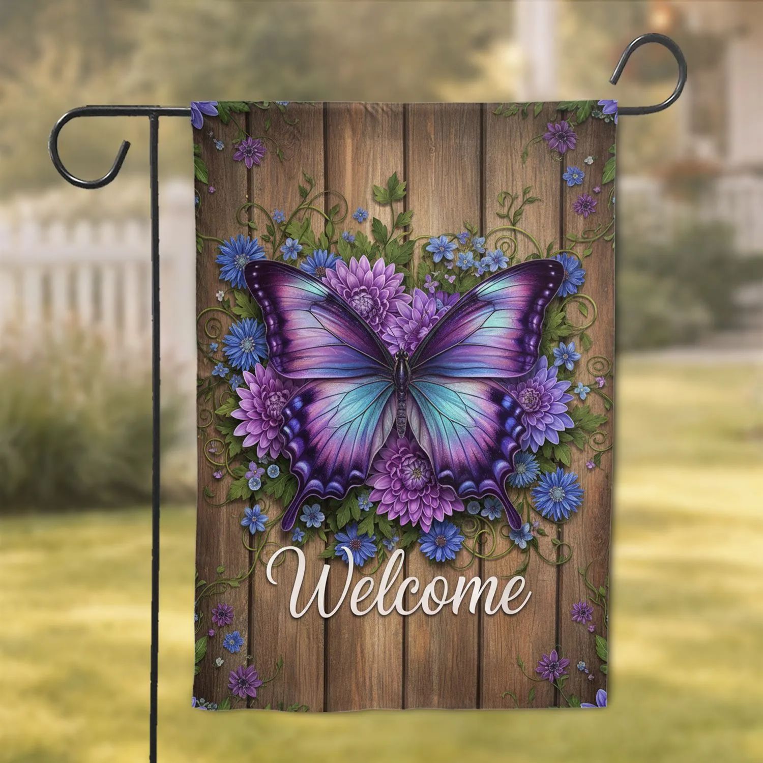 Realistic Iridescent Butterfly Welcome Purple Flowers Rustic Wood - Home Decor Gift Garden Flag - 1