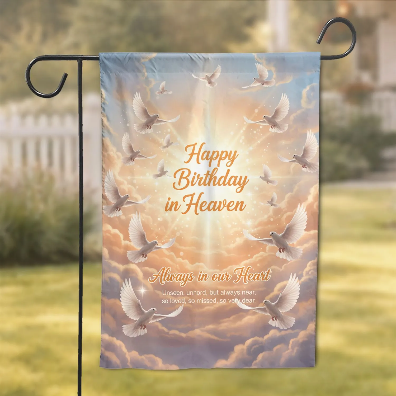 Doves Celestial Clouds 'Happy Birthday in Heaven' - Remembrance Memorial Gift for Loved Ones Garden Flag - 1