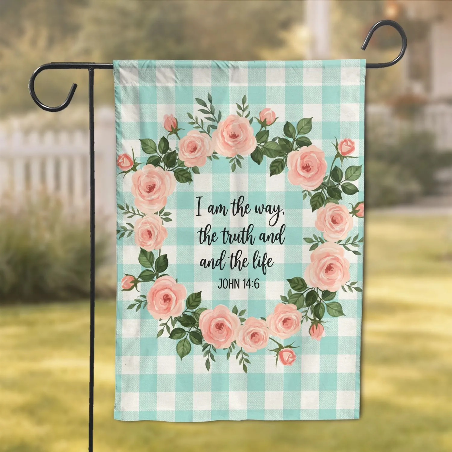 Rose Wreath 'I am the way, the truth and the life' John 14:6 Gingham Plaid - Christian Home Decor Gift Garden Flag - 1