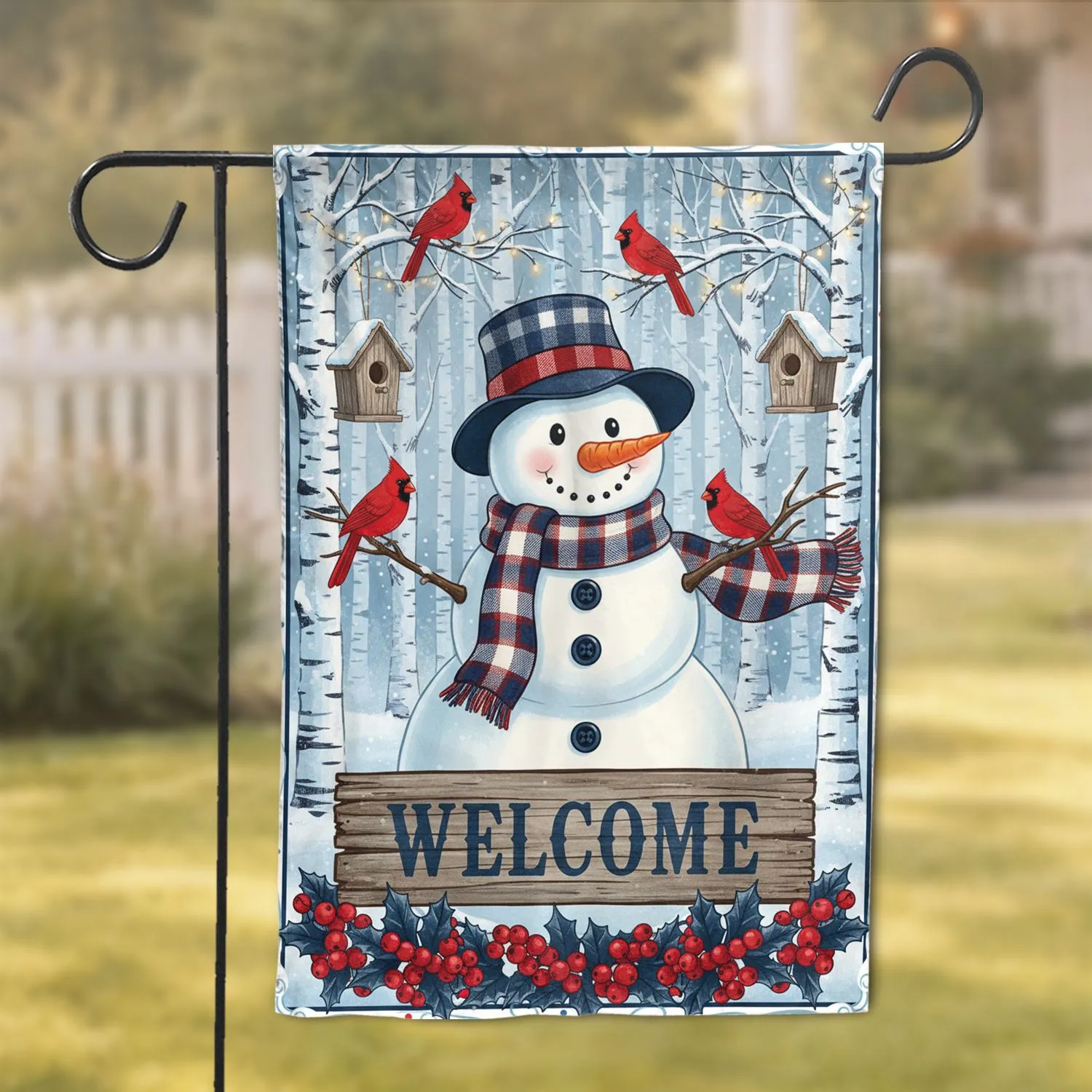 Plump Snowman Cardinals Welcome Sign Winter Forest Holiday Home Decor Garden Flag - 1