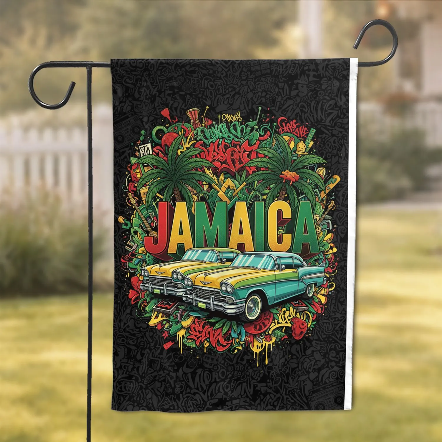 JAMAICA Lowrider Cars Palm Fronds Graffiti - Caribbean Decor Gift for Reggae Fans Garden Flag - 1
