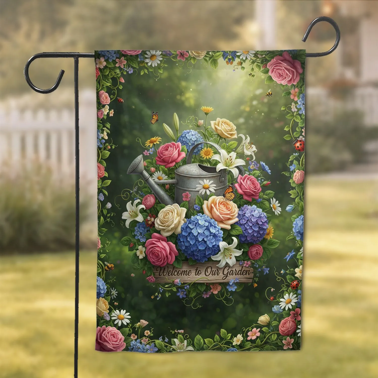 Welcome To Our Garden Text Blooming Flowers Watering Can - Home Decor Gift for Garden Lover Garden Flag - 1