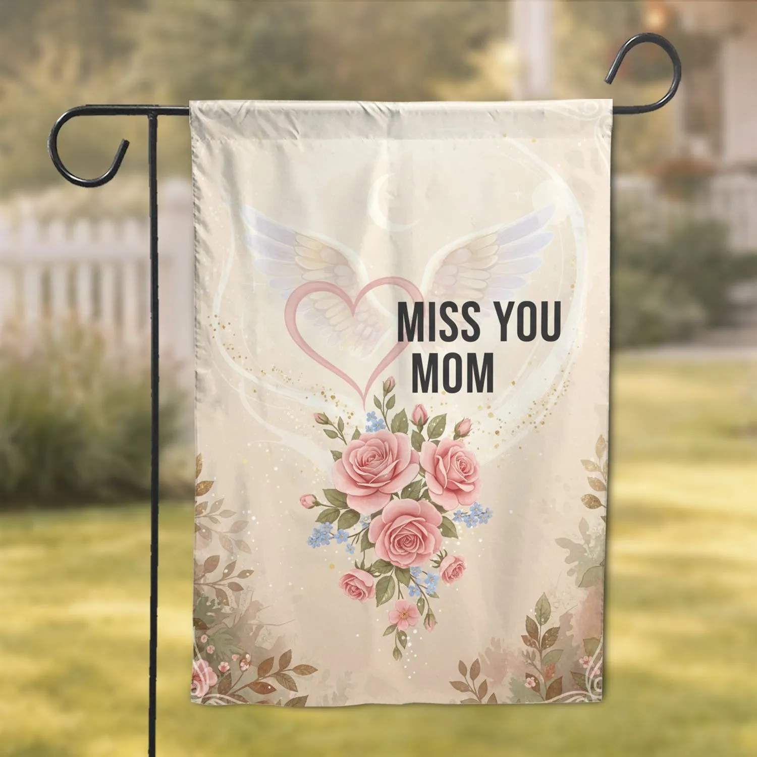 Miss You Mom Heart Wings Roses Forget-Me-Nots - Remembrance Memorial Gift for Family Garden Flag - 1