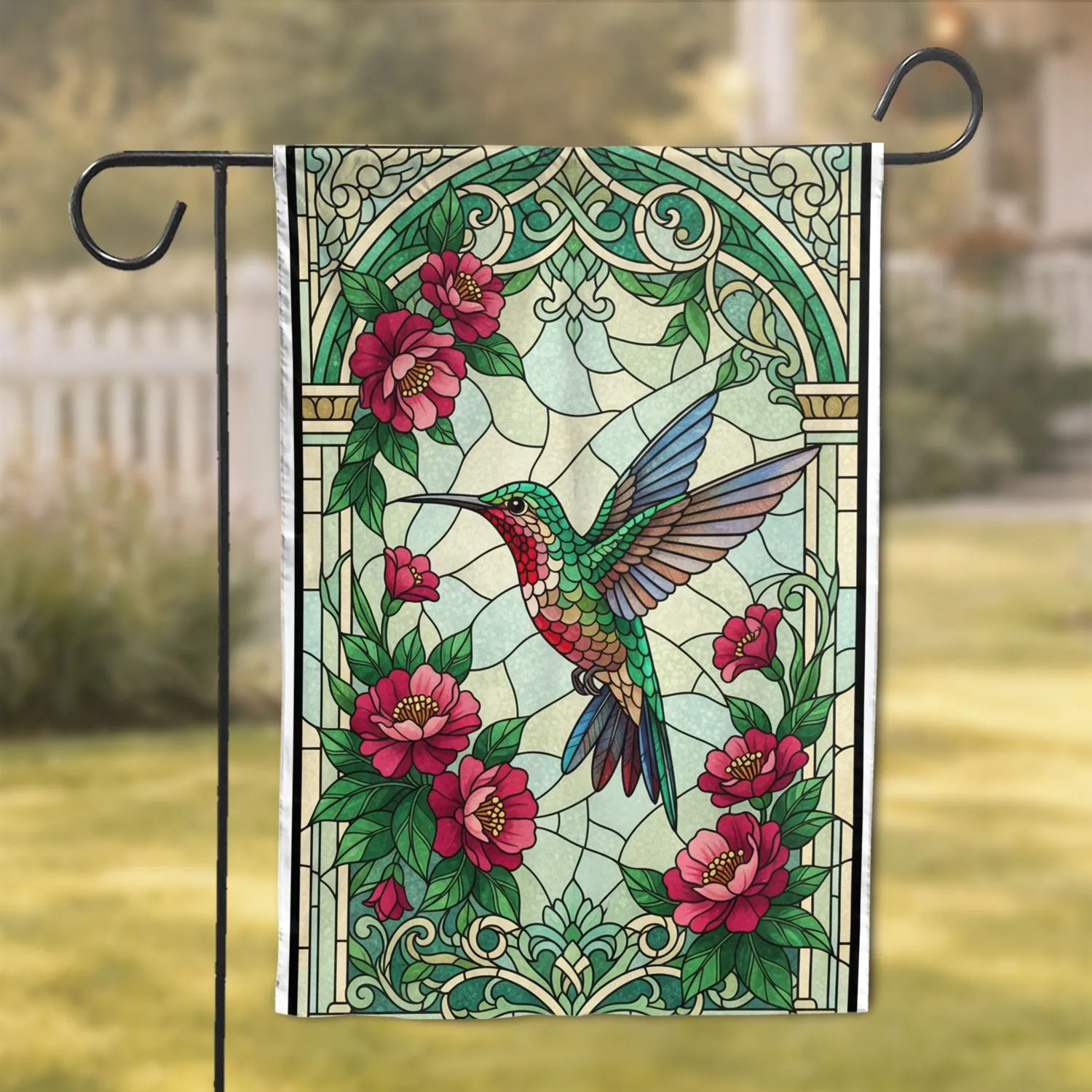 Stained Glass Hummingbird & Elegant Flowers - Wildlife Home Decor Gift Garden Flag - 1