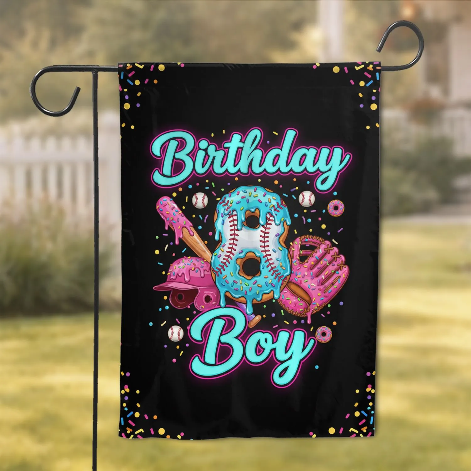 Custom Year Baseball Donut Glaze Sprinkles Birthday Boy - Special Occasion Celebration Gift Garden Flag - 1
