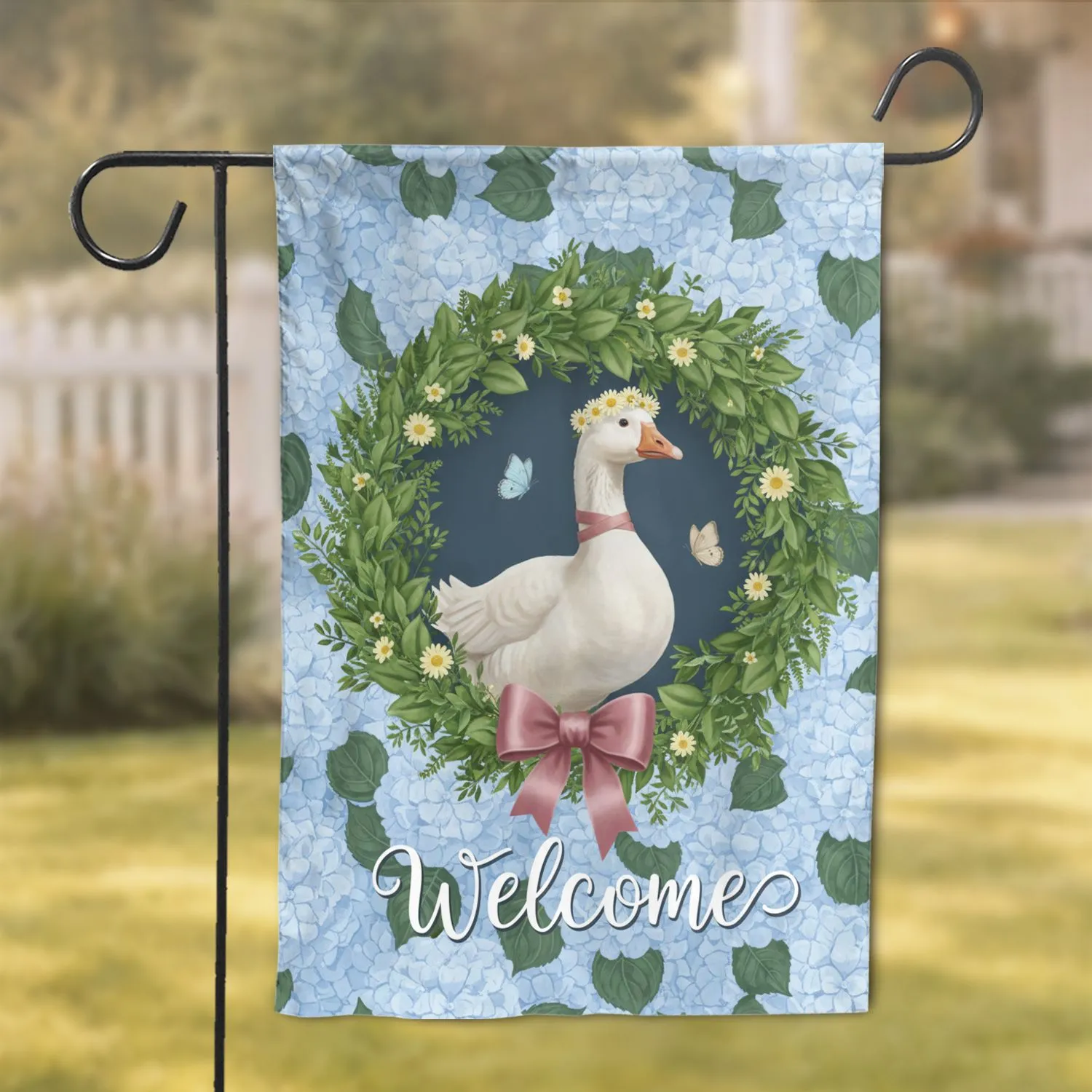 White Goose Yellow Daisy Crown Pink Bow Wreath Welcome Blue Hydrangea Decor Gift Garden Flag - 1