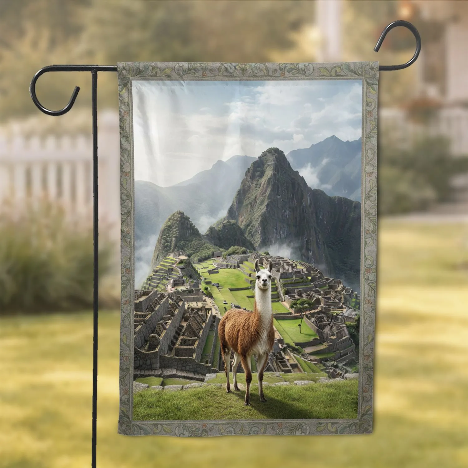 Majestic Llama Machu Picchu Inca Ruins Mountain Vista - Travel Enthusiast Home Decor Gift for Globetrotters Garden Flag - 1