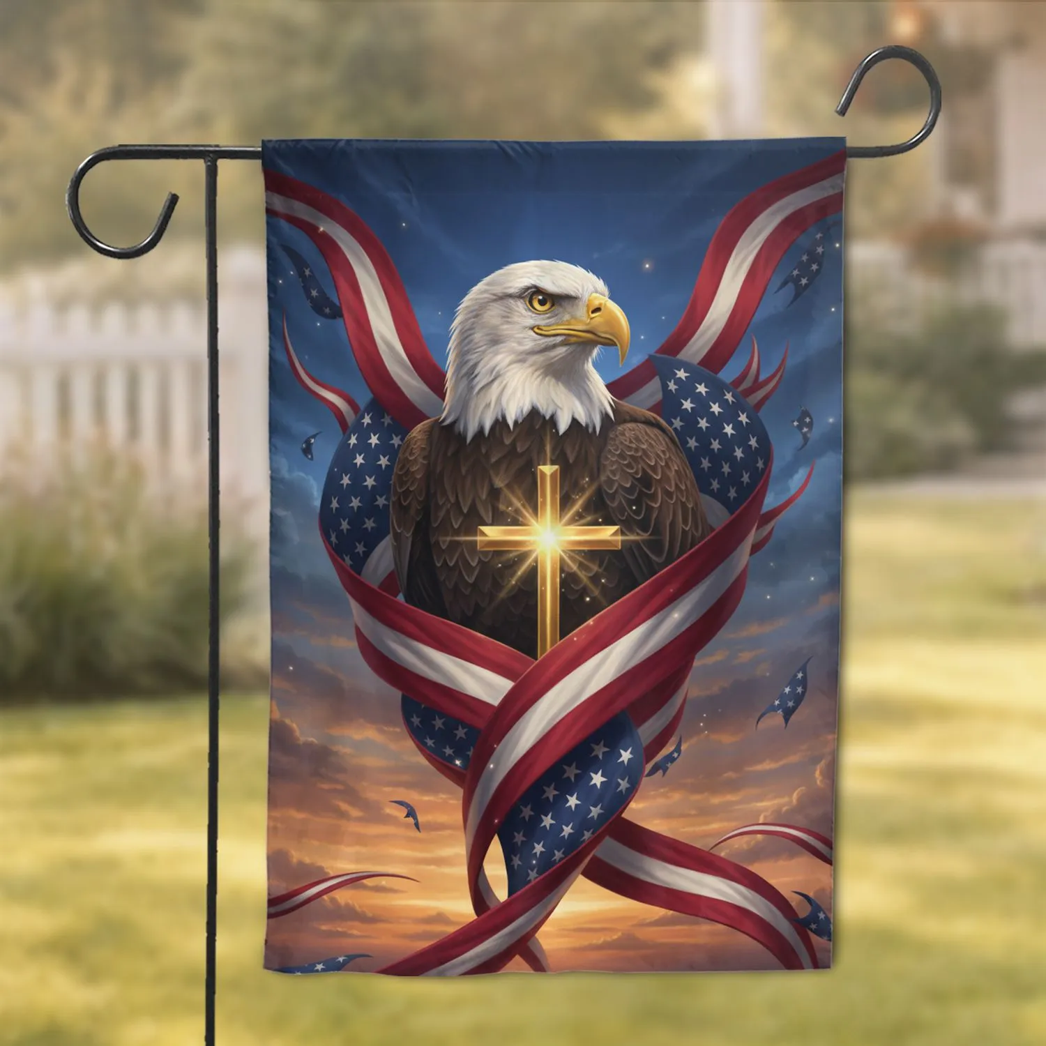 Bald Eagle Golden Cross American Flag - Patriotic Faith Decor Gift Garden Flag - 1