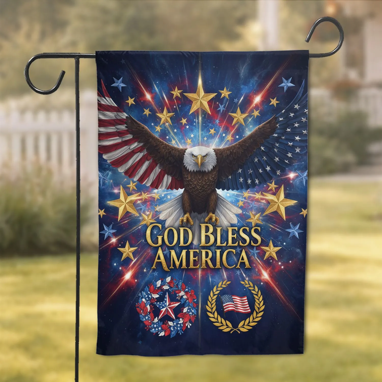 Bald Eagle Stars Wreath 'God Bless America' - Independence Day Home Decor Garden Flag - 1