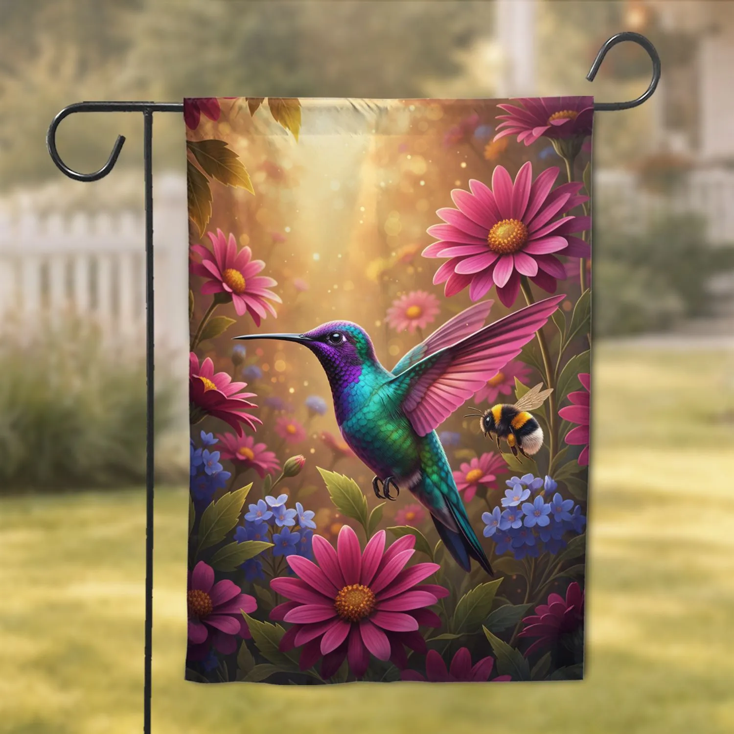 Iridescent Hummingbird Daisy Flowers - Wildlife Lover Home Decor Gift Garden Flag - 1