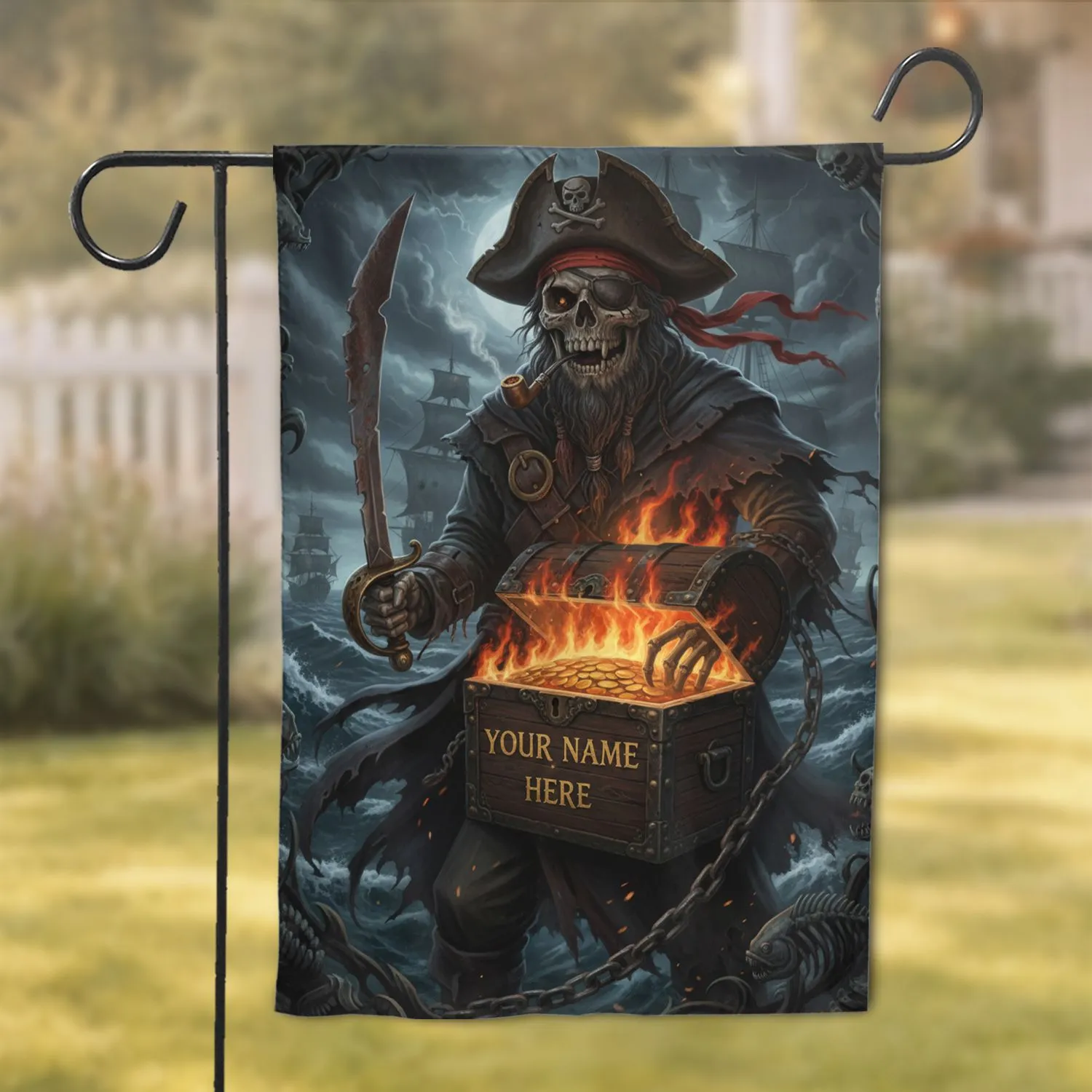 Undead Pirate Skull Burning Treasure Chest Custom Name Dark Fantasy Decor Gift Garden Flag - 1