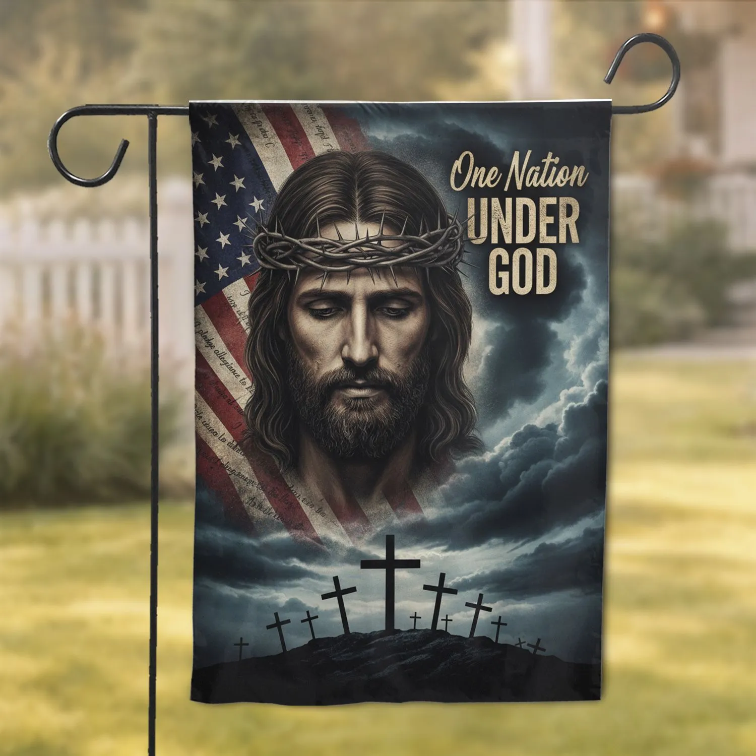 Jesus Crown of Thorns American Flag - One Nation UNDER GOD Christian Home Decor Garden Flag - 1