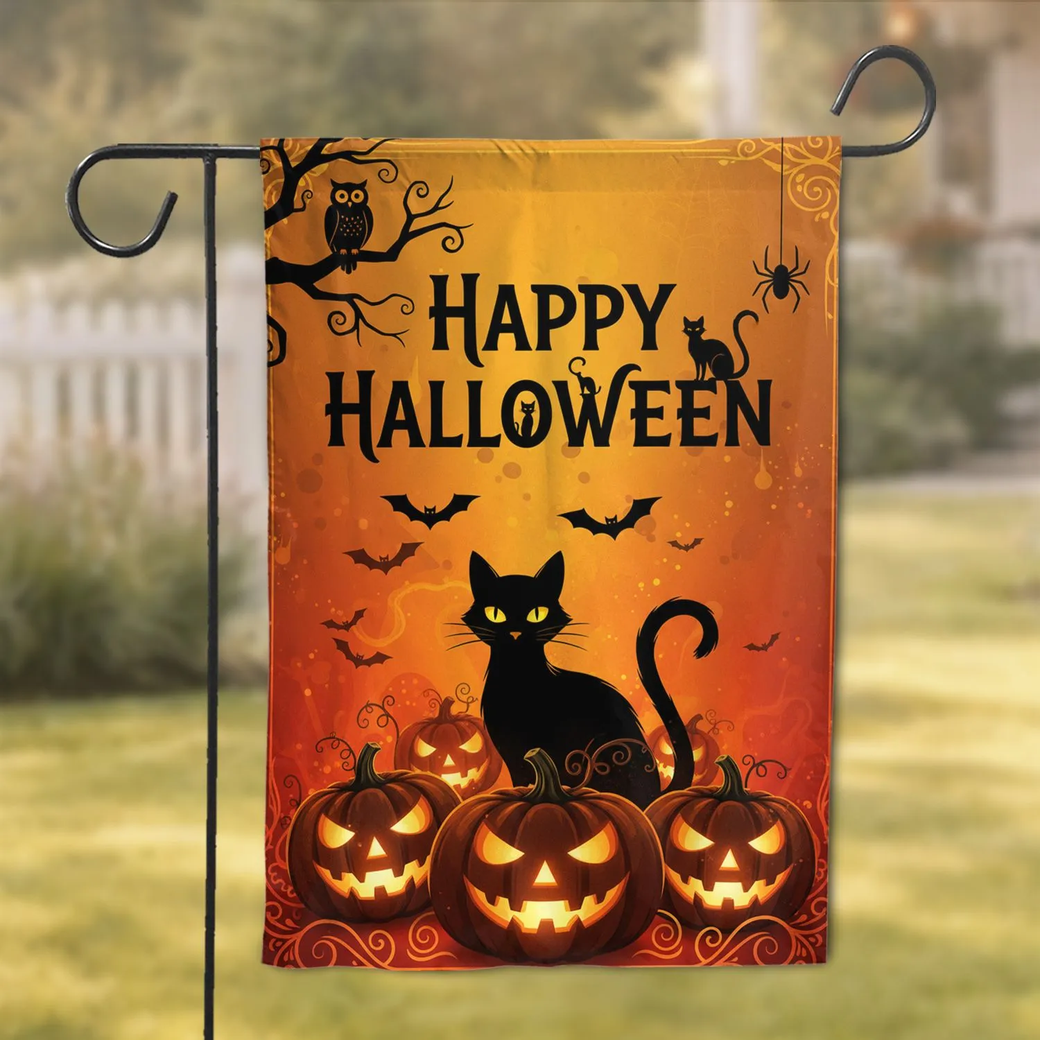 Happy Halloween Cat Jack-o'-Lanterns Owl Spider Bats - Spooky Home Decor Gift for Cat Lover Garden Flag - 1