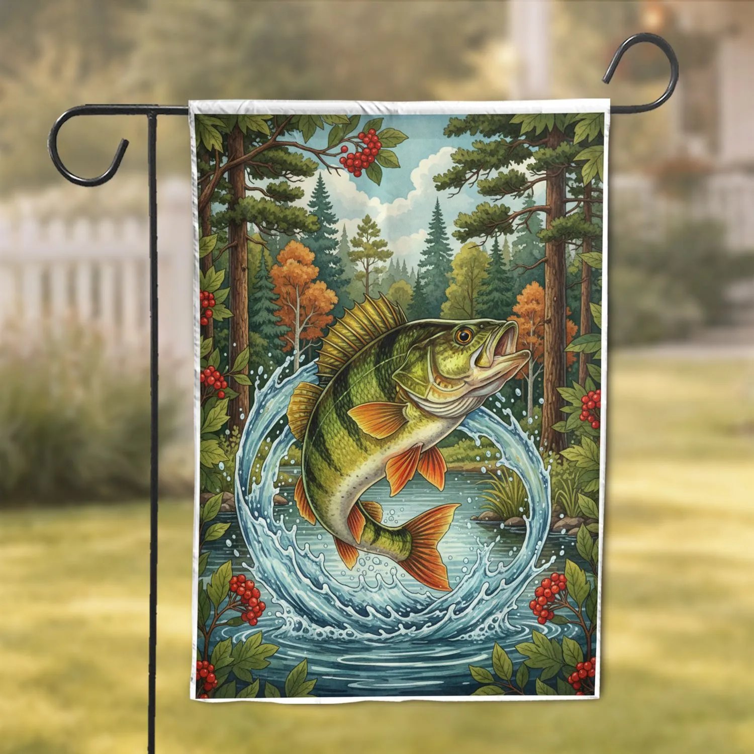 Leaping European Perch Water Splash Forest - Wildlife Lover Gift Garden Flag - 1