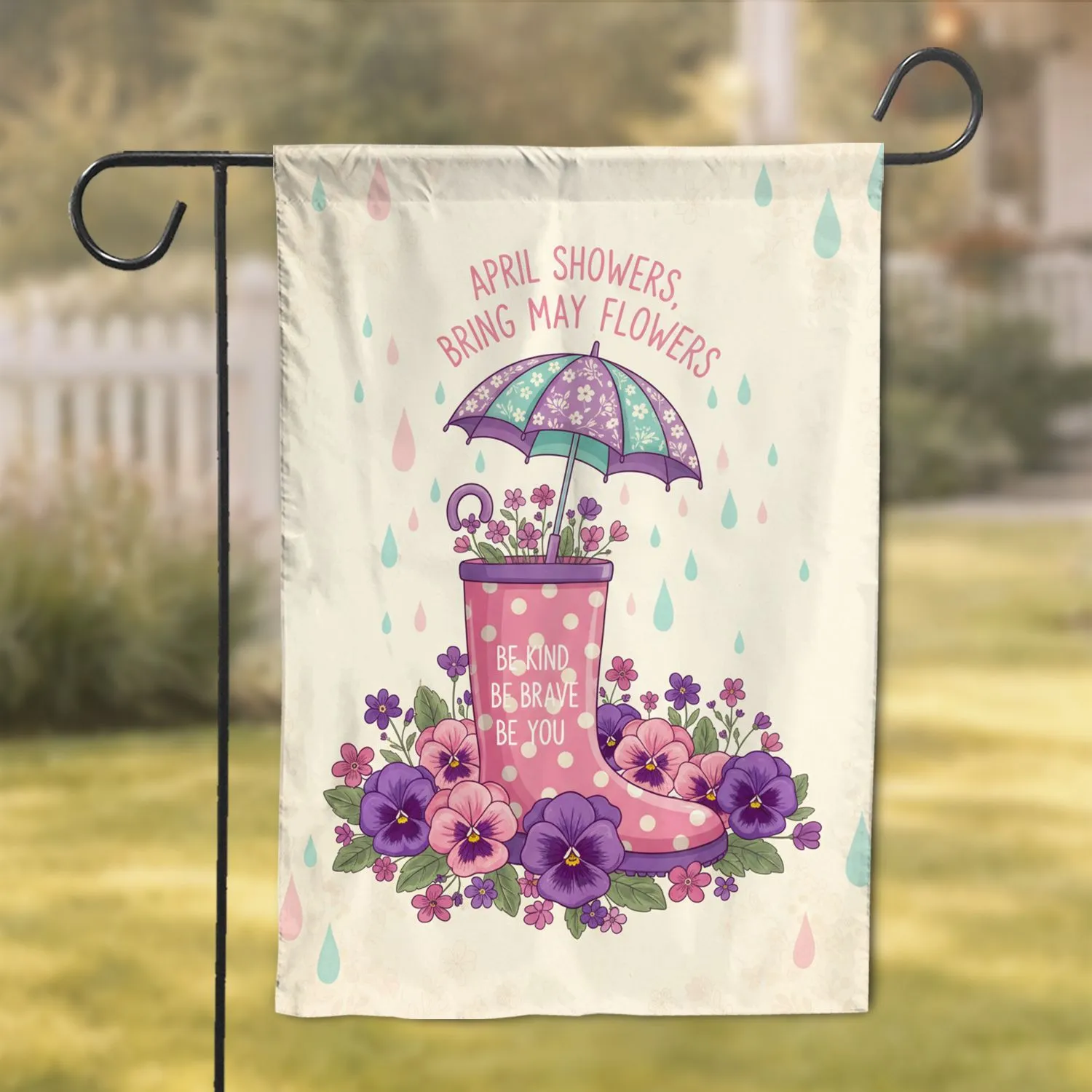 Pink Rain Boot Umbrella Pansies Wildflowers - Spring Home Decor Gift Garden Flag - 1