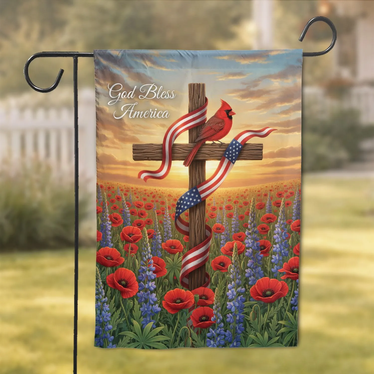 Red Cardinal American Flag Cross Poppies God Bless America - Patriotic Decor Garden Flag - 1