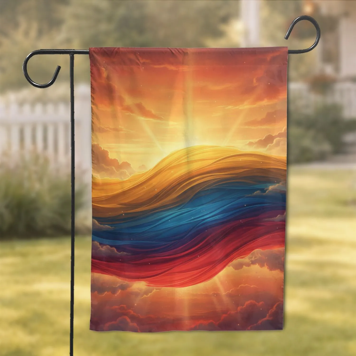 Expansive Layered Color Fields with Glowing Sunset Sky and Wispy Clouds Home Decor Gift Garden Flag - 1
